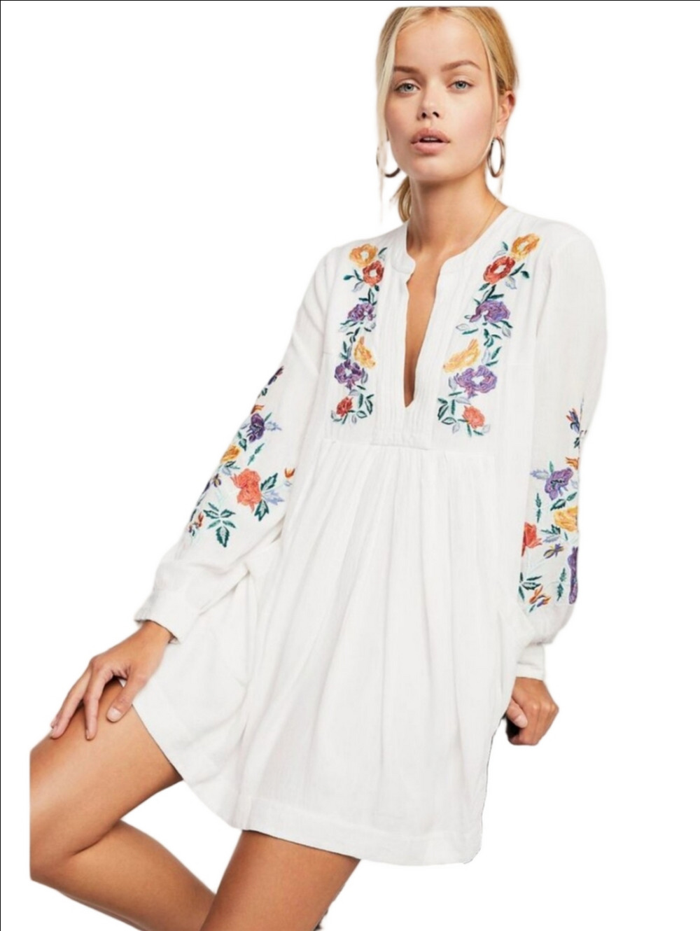 Free People White Embroidered Floral Long Sleeve Mini Dress